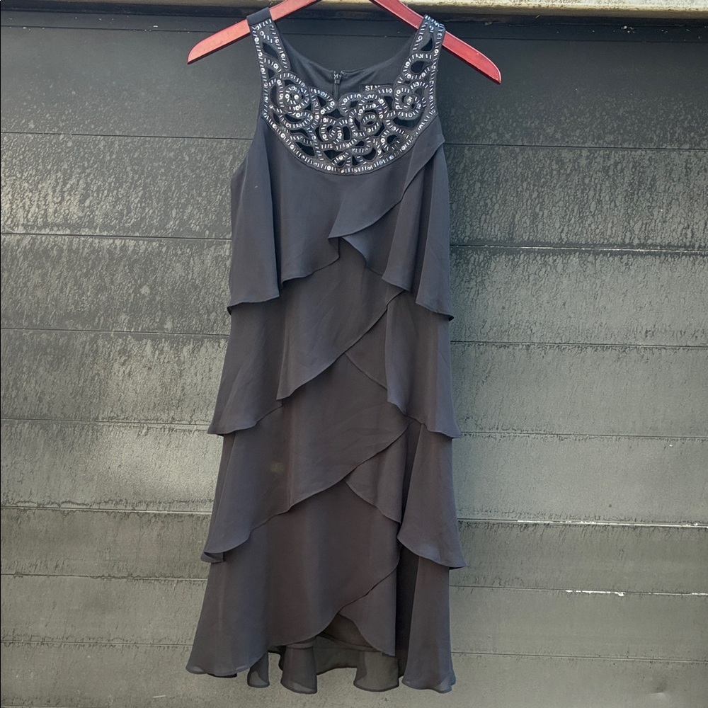 SLNY Black Layered Ruffle Midi Dress with Embellished Sequin Neckline Sz 6